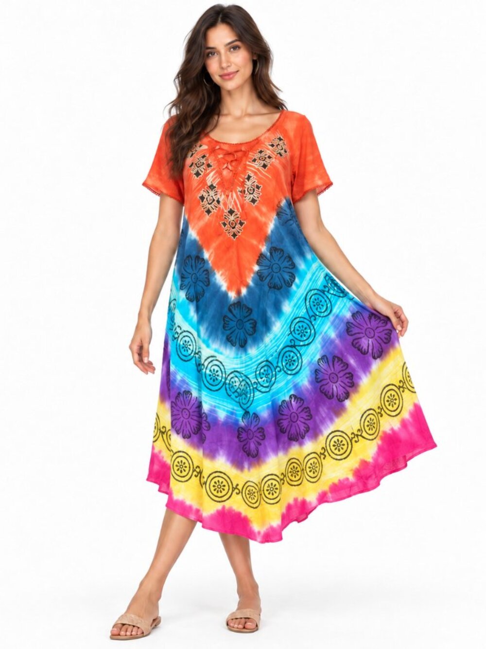 Women's Boho Tie Dye Midi Dress One Size Embroidered Short Sleeve Multicolor